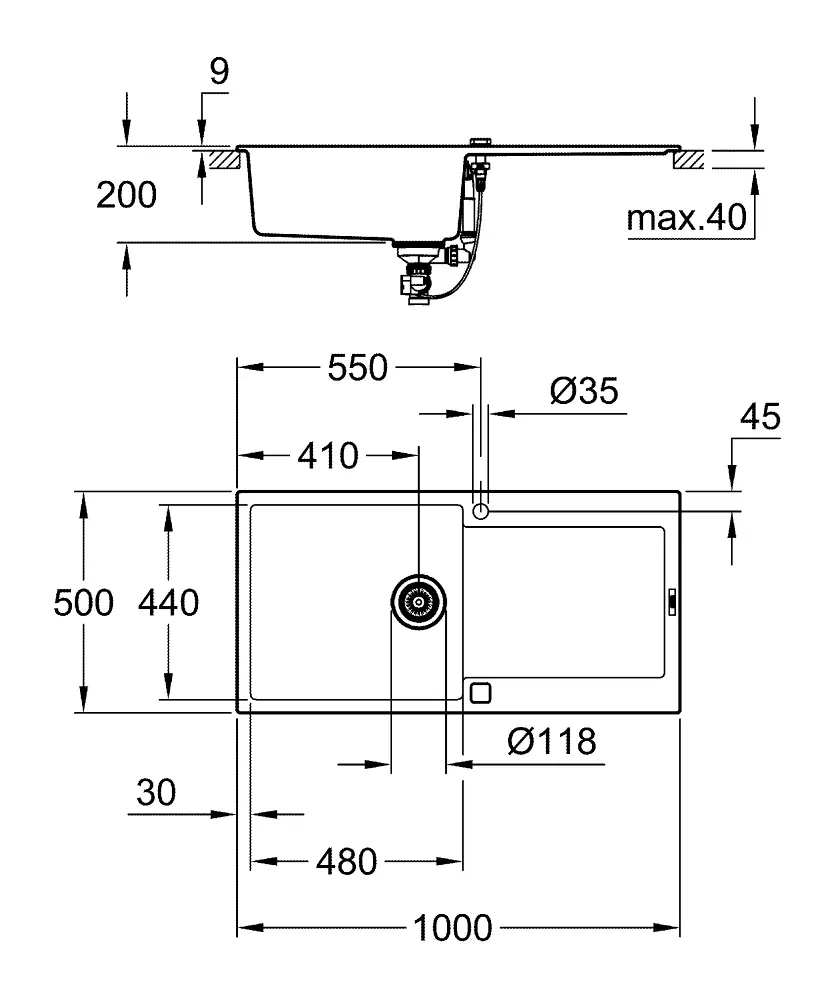 Grohe Spoelbakken - Composiet Spoelbak K500 Met Automatische Waste, 100x50 Cm, Grafiet Zwart 31645AP0 4 Grohe Spoelbakken - Composiet Spoelbak K500 Met Automatische Waste, 100x50 Cm, Grafiet Zwart 31645AP0 - Afbeelding 2