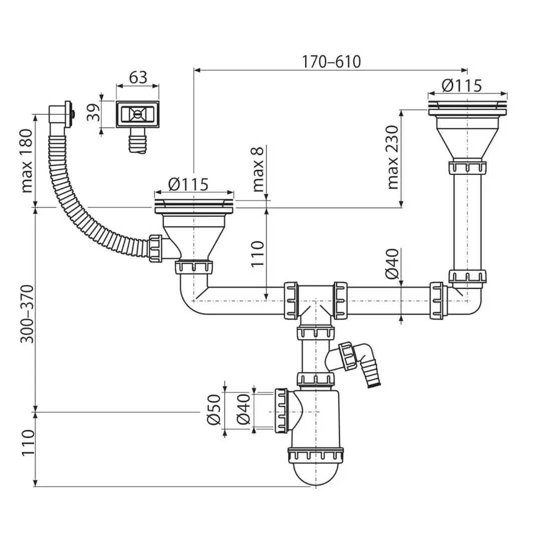 Alcadrain Sifons - Sifon Voor Twee Spoelbakken, Diameter 115 Mm, Twee Niveaus, Met Aansluiting, Kunststof A456P 4 Alcadrain Sifons - Sifon Voor Twee Spoelbakken, Diameter 115 Mm, Twee Niveaus, Met Aansluiting, Kunststof A456P - Afbeelding 2